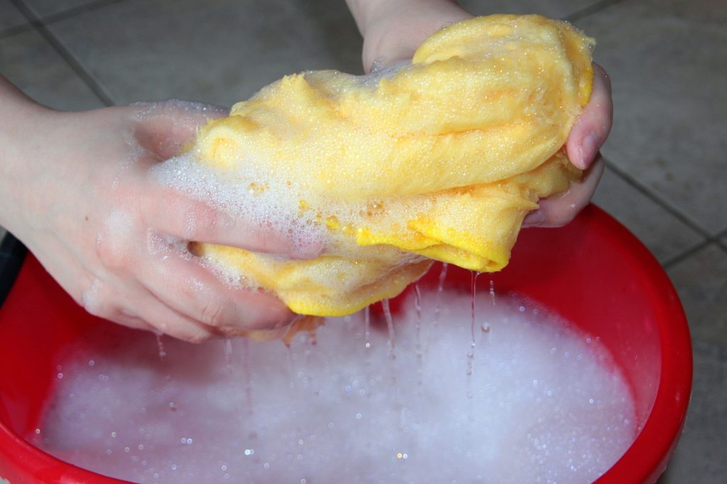 putz bucket, cleaning rags, soapsuds